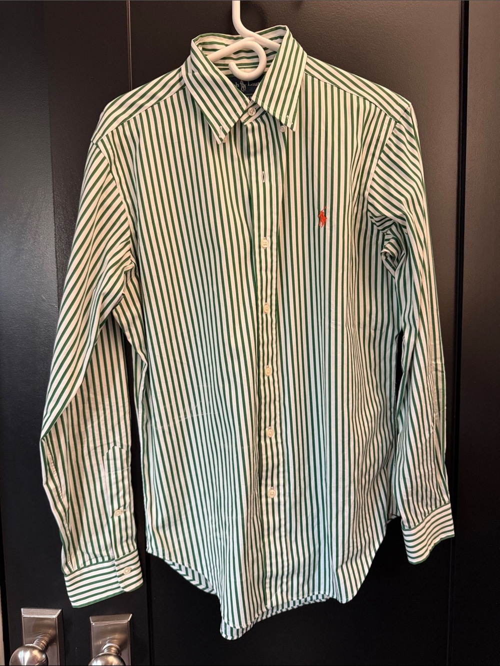 Ralph Lauren Green and White Striped Dress Shirt with Polo Logo